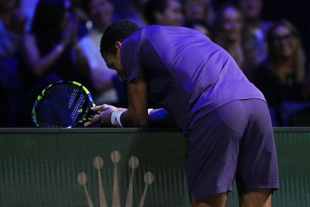 Canada's Felix Auger-Aliassime reacts during the final match of the Paris Masters tennis tournament against Italy's Jannik Sinner in Paris, Sunday, Nov. 2, 2025. (AP Photo/Christophe Ena)