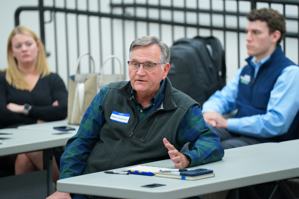 Allen Baldwin shares how he reacted to learning how his investment with First Liberty Building and Loan was lost during an event hosted by Georgia Secretary of State Brad Raffensperger, in Marietta, Ga., Monday, Feb. 9, 2026. (Matthew Pearson/WABE via AP)