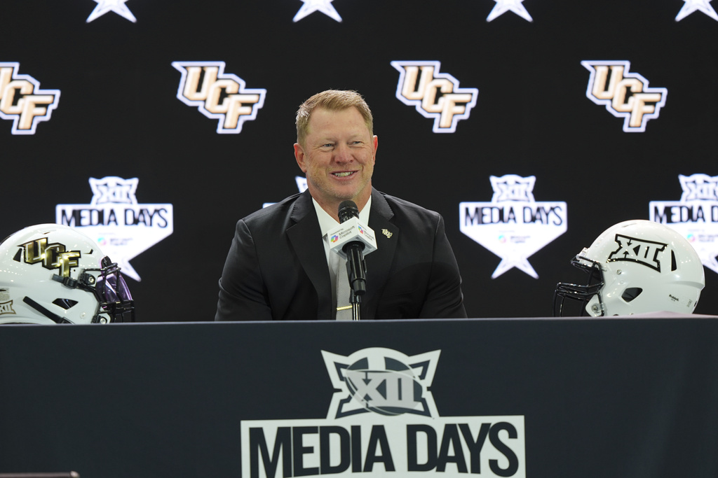 UCF head coach Scott Frost speaks during the Big 12 NCAA college football media days in Frisco, Texas, Tuesday, July 8, 2025. (AP Photo/LM Otero)