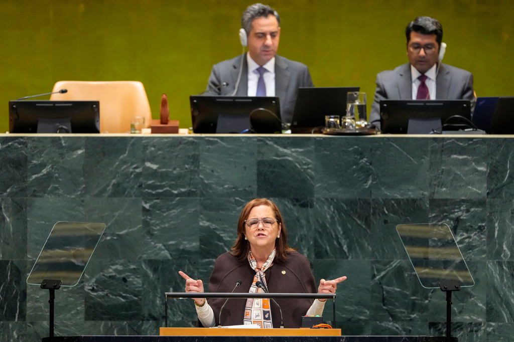 El Salvador's Minister of Foreign Affairs Alexandra Hill Tinoco addresses the 81st session of the United Nations General Assembly at United Nations headquarters, Monday, Sept. 28, 2026. (AP Photo/Yuki Iwamura)