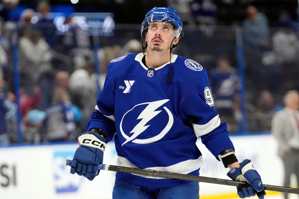 Tampa Bay Lightning center Gage Goncalves (93) reacts after the team lost to the Montréal Canadiens in Game 7 of an NHL hockey Stanley Cup first-round playoff series, Sunday, May 3, 2026, in Tampa, Fla. (AP Photo/Chris O'Meara)