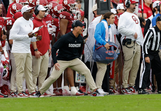 Oklahoma head coach Brent Venables reacts as he watches his team play against Mississippi during the first half of an NCAA college football game in Norman, Okla., Saturday, Oct. 25, 2025. (AP Photo/Alonzo Adams) Oklahoma head coach Brent Venables reacts as he watches his team play against Mississippi during the first half of an NCAA college football game in Norman, Okla., Saturday, Oct. 25, 2025. (AP Photo/Alonzo Adams)