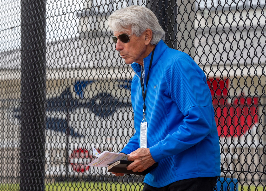 FILE - Toronto Blue Jays television commentator Buck Martinez watches batting practice at baseball spring training in Dunedin, Fla., Friday, Feb. 23, 2024.(Frank Gunn/The Canadian Press via AP, File)