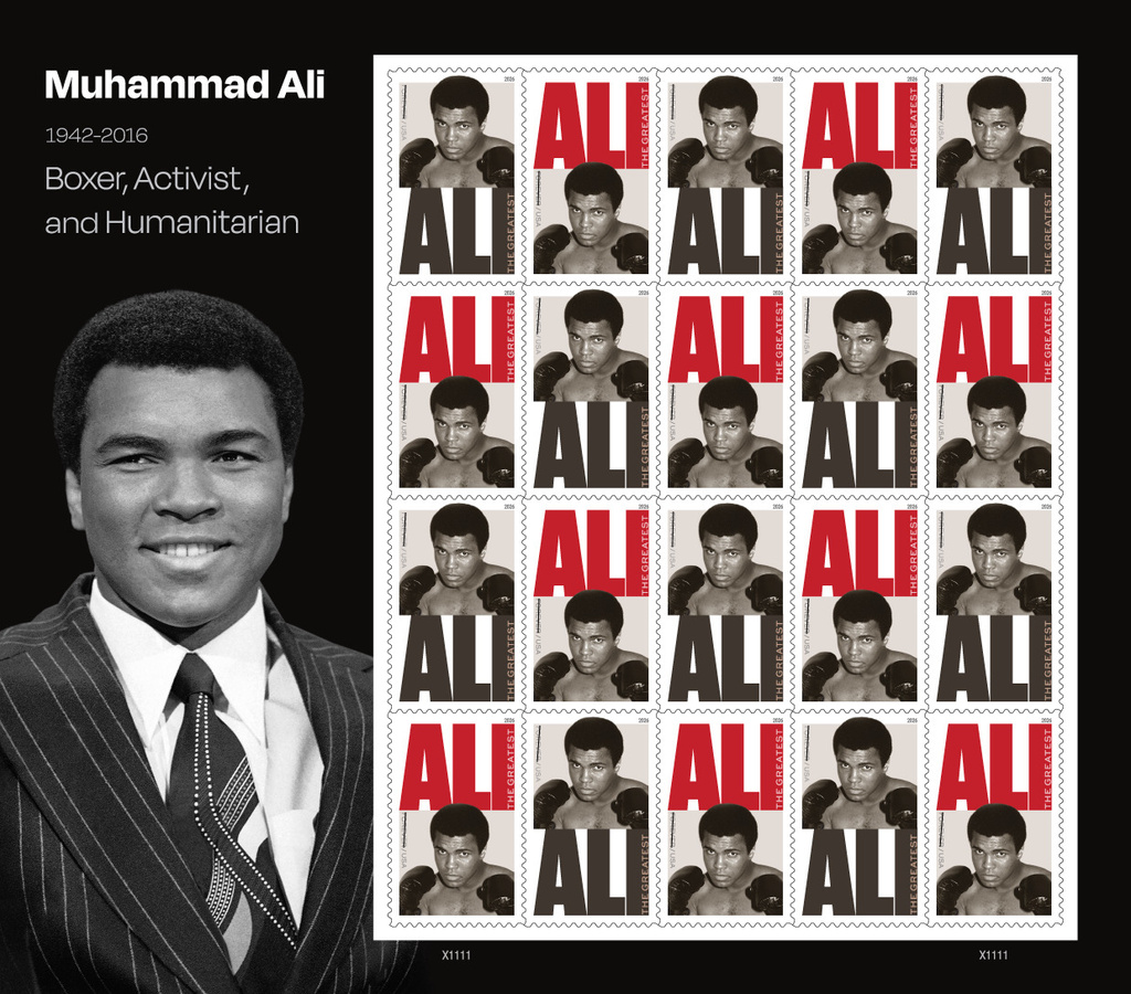 This image released by the United States Postal Service shows a commemorative Muhammad Ali stamp featuring a 1974 Associated Press photo of Ali. (United States Postal Service via AP)