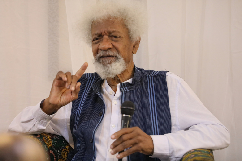 Nobel Prize-winning author Wole Soyinka, speaks during a press conference in Lagos, Nigeria, Tuesday, Oct. 28, 2025. (AP Photo/Ibrahim Mansur)