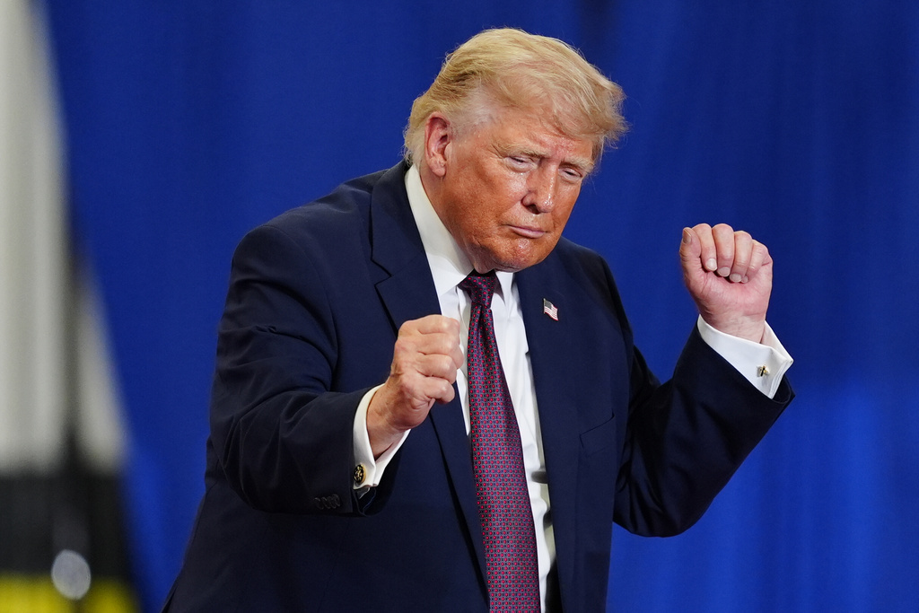 President Donald Trump dances on stage at a Mack Trucks facility, Tuesday, June 23, 2026, in Macungie, Pa. (AP Photo/Julia Demaree Nikhinson)