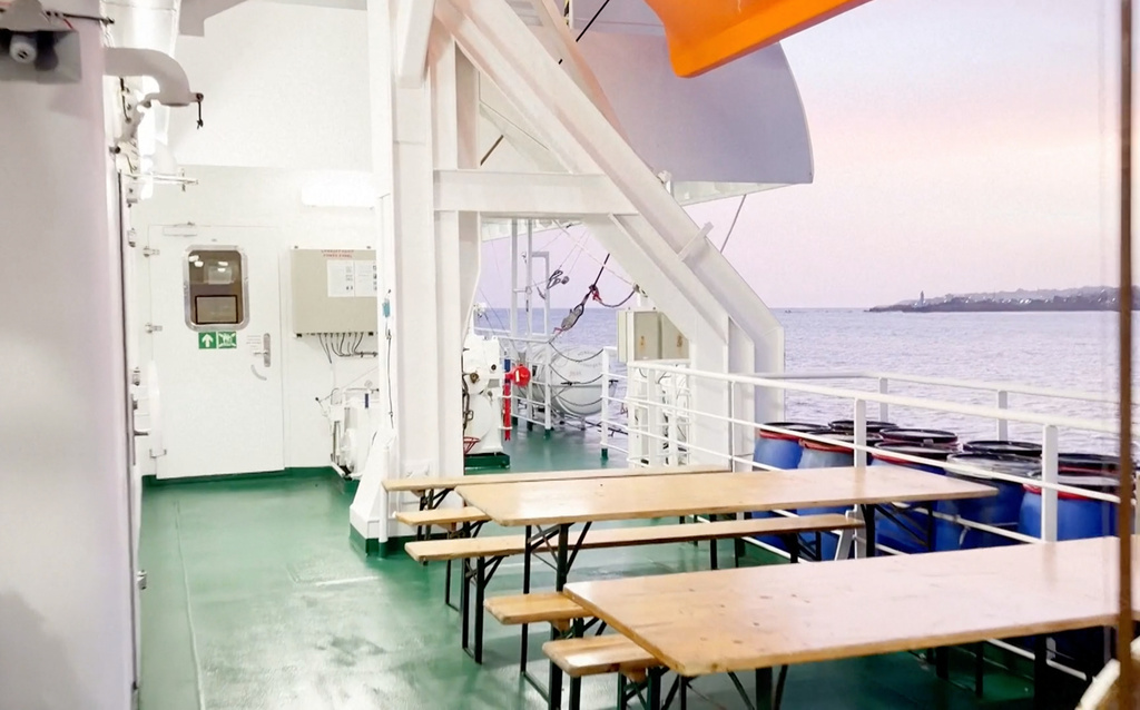 The Dutch-flagged MV Hondius, a cruise ship carrying nearly 150 people remains off Cape Verde on Monday, May 4, 2026 after three passengers died and several others fell seriously ill in a suspected hantavirus outbreak. (Qasem Elhato via AP)