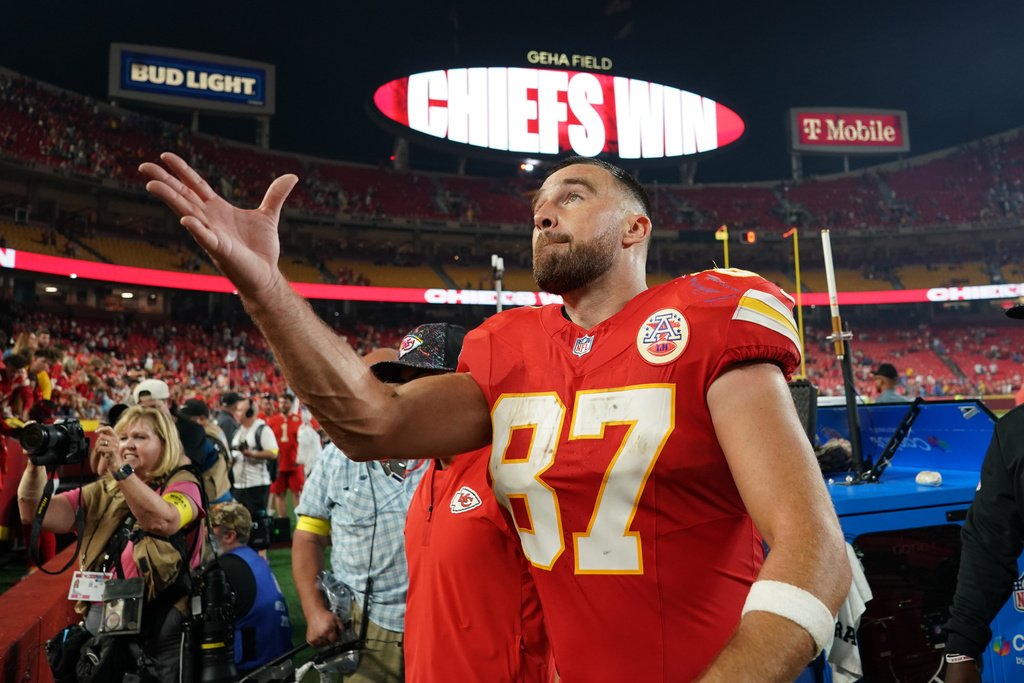 Kansas City Chiefs tight end Travis Kelce celebrates following an NFL football game against the Detroit Lions Sunday, Oct. 12, 2025, in Kansas City, Mo. (AP Photo/Ed Zurga)