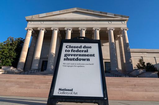 A sign that reads "Closed due to federal government shutdown," is seen outside of the National Gallery of Art on the 6th day of the government shutdown, in Washington, Monday, Oct. 6, 2025. (AP Photo/Jose Luis Magana) A sign that reads "Closed due to federal government shutdown," is seen outside of the National Gallery of Art on the 6th day of the government shutdown, in Washington, Monday, Oct. 6, 2025. (AP Photo/Jose Luis Magana)