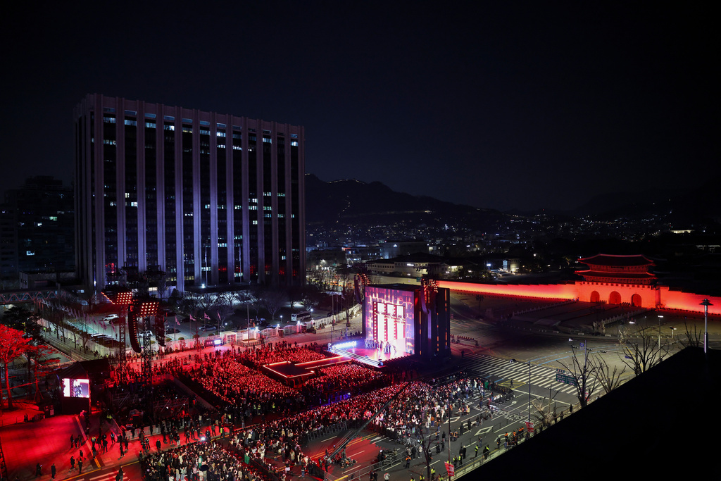 Kpop group BTS perform during 'BTS The Comeback Live Arirang' concert in central Seoul, South Korea, March 21, 2026. (Kim Hong-Ji/Pool Photo via AP)