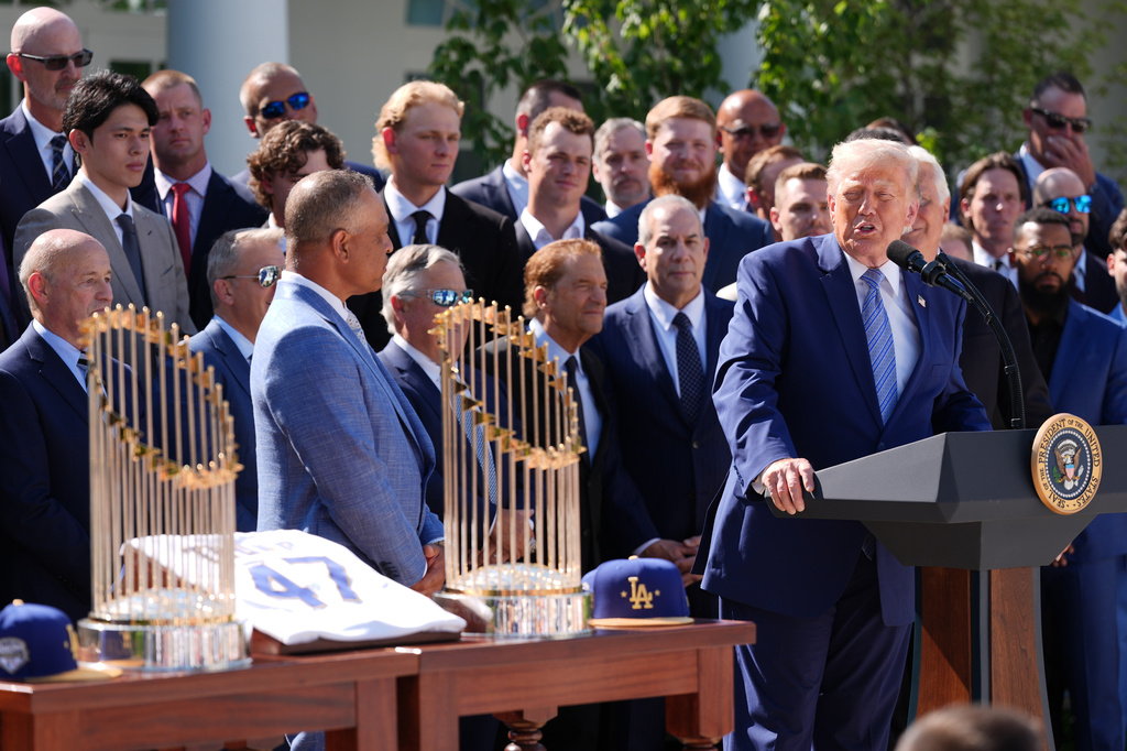 President Donald Trump speaks during an event to honor the 2025 World Series champions Los Angeles Dodgers in the Rose Garden of the White House, Thursday, July 23, 2026, in Washington. (AP Photo/Julia Demaree Nikhinson)