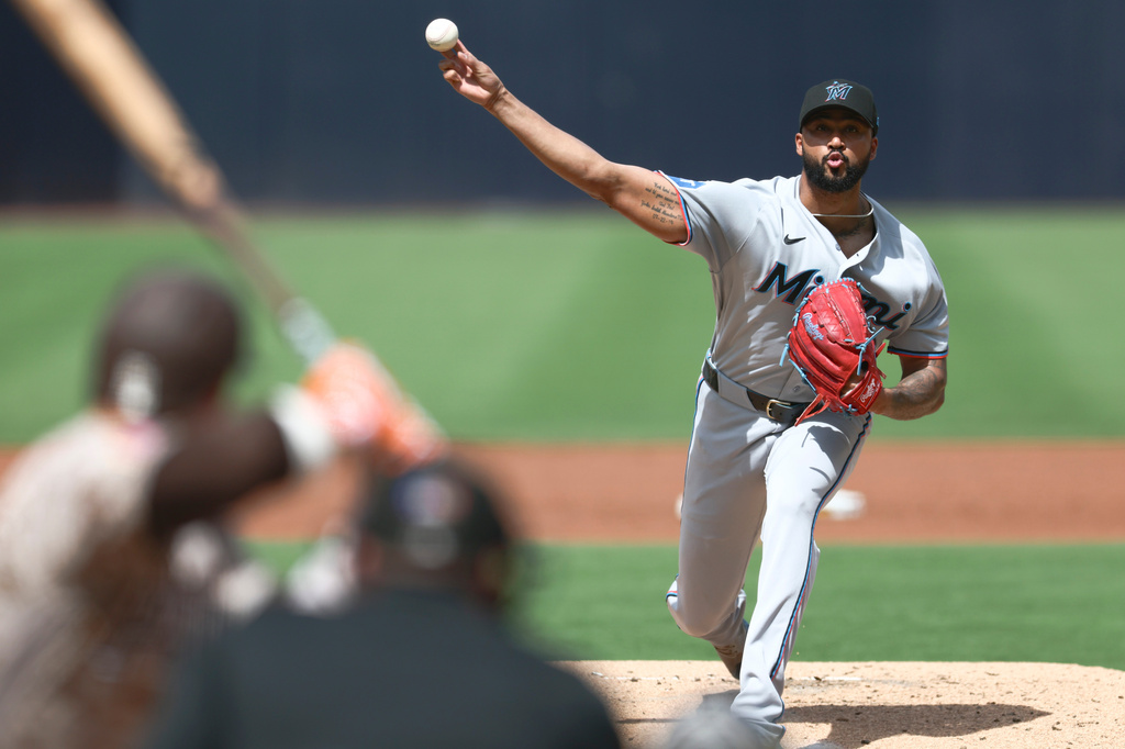 Miami Marlins starting pitcher Sandy Alcantara works against a San Diego Padres batter in the second inning of a baseball game Sunday, Sept. 20, 2026, in San Diego. (AP Photo/Karl Anderson)