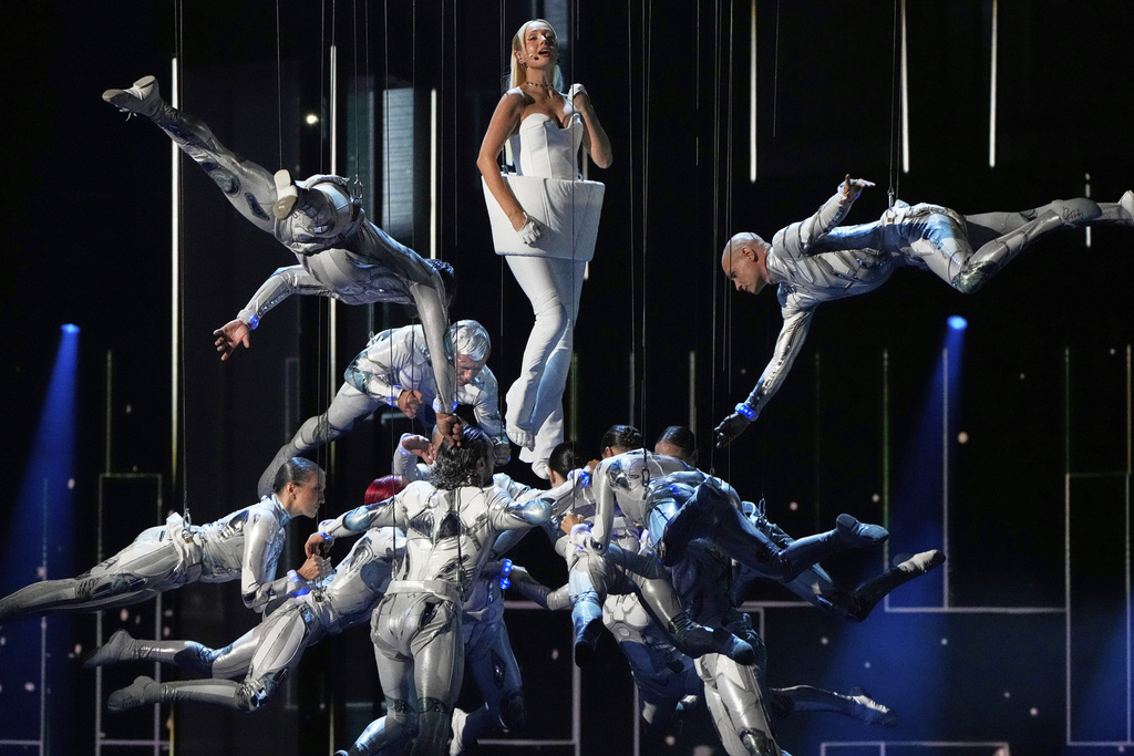 Russian singer Klava Koka performs after the competition program at the International Music Competition "Intervision" at the Live Arena outside Moscow, Russia, Saturday, Sept. 20, 2025. (AP Photo/Alexander Zemlianichenko)