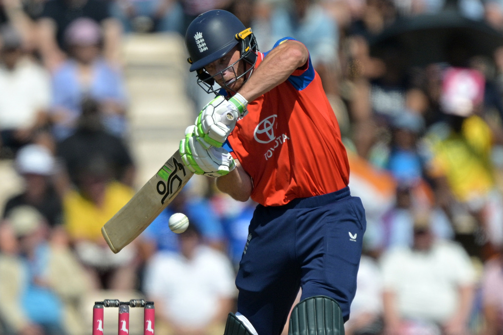England's Jos Buttler plays a shot during the T20 international cricket match between England and India in Southampton, England, Saturday July 11, 2026. (AP Photo/Anthony Upton)