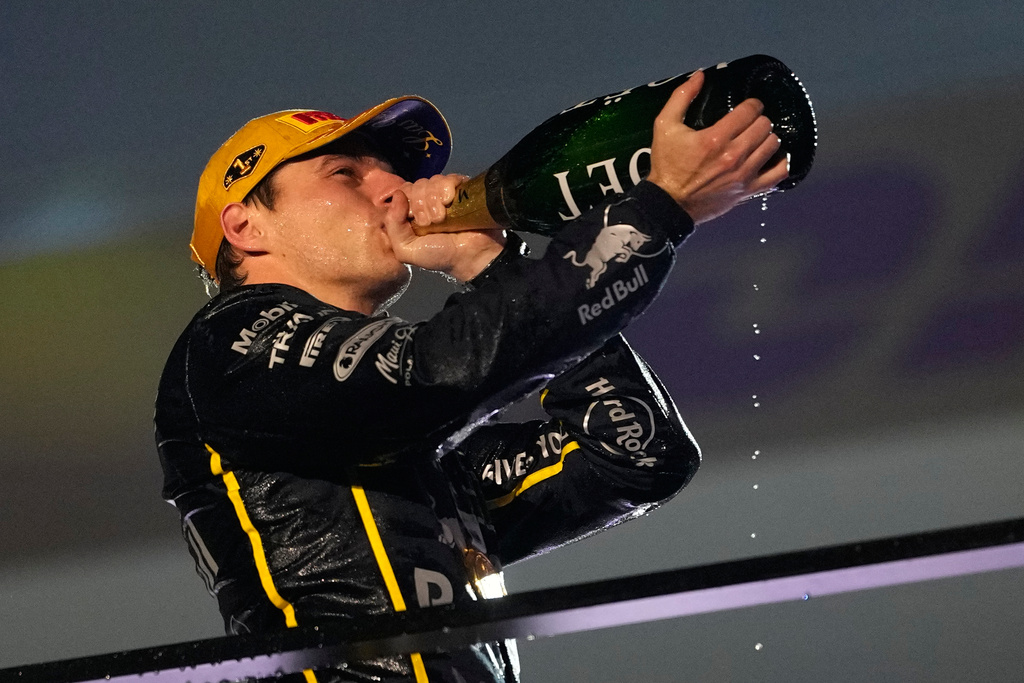 First place finisher Red Bull driver Max Verstappen of the Netherlands celebrates after the Formula One Las Vegas Grand Prix auto race, Saturday, Nov. 22, 2025 in Las Vegas. (AP Photo/John Locher)