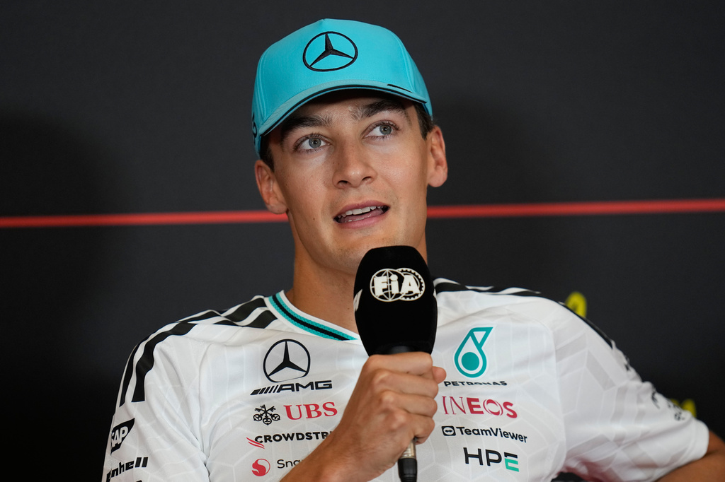 Mercedes driver George Russell of Britain attends a news conference ahead of the Austrian F1 Grand Prix, in Spielberg, Austria, Thursday, June 25, 2026. (AP Photo/Darko Bandic)