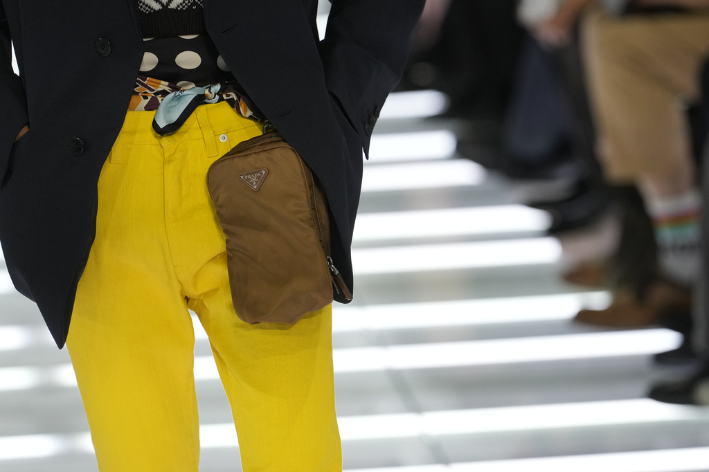 A model wears a creation from Prada's Spring/Summer 2027 men's collection presented in Milan, Italy, Sunday, June 21, 2026. (AP Photo/Luca Bruno)