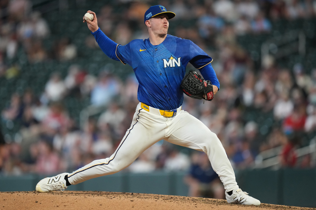 Minnesota Twins starting pitcher Zebby Matthews delivers during the sixth inning of a baseball game against the Kansas City Royals, Friday, June 5, 2026, in Minneapolis. (AP Photo/Abbie Parr)