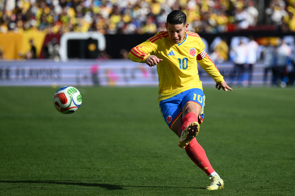 FILE - Colombia midfielder James Rodríguez (10) in action during the second half of an international friendly soccer match against France, Sunday, March 29, 2026, in Landover, Md. (AP Photo/Nick Wass)