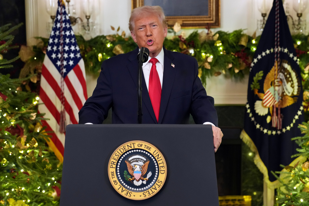 President Donald Trump speaks during an address to the nation from the Diplomatic Reception Room at the White House, Wednesday, Dec. 17, 2025, in Washington. (Doug Mills/The New York Times via AP, Pool)