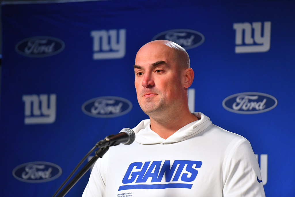 New York Giants interim head coach Mike Kafka talks to the media during a news conference after a loss to the New England Patriots in an NFL football game Monday, Dec. 1, 2025, in Foxborough, Mass. (AP Photo/Steven Senne)