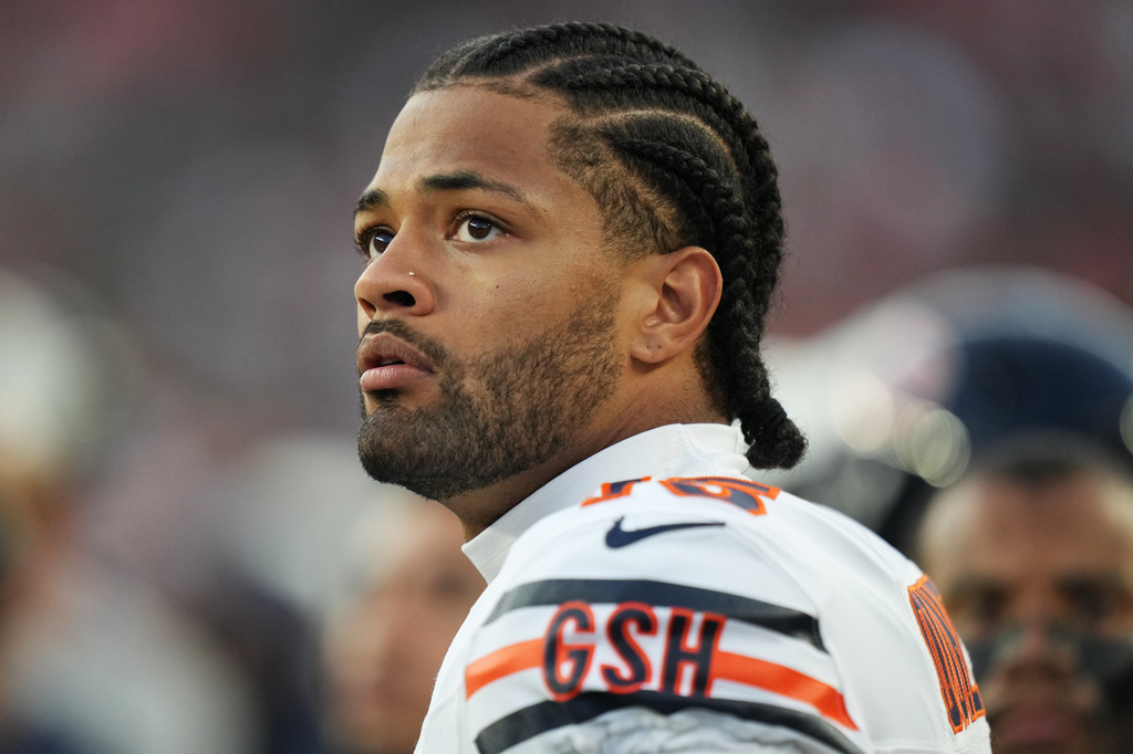 Chicago Bears wide receiver Rome Odunze watches from the sidelines during the first half of a preseason NFL football game against the Cincinnati Bengals on Saturday, Aug. 22, 2026, in Cincinnati. (AP Photo/Joshua A. Bickel)