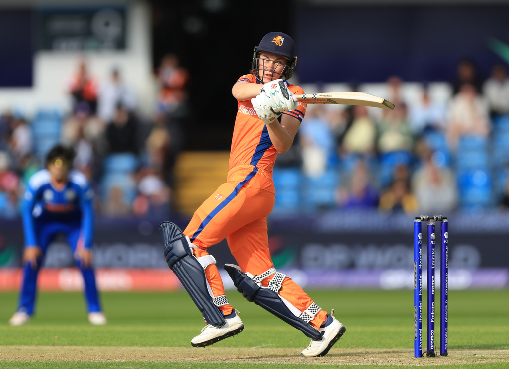 Netherlands' Babette de Leede bats during the Women's T20 World Cup cricket match in Leeds, England, Wednesday, June 17, 2026. (Nigel French/PA via AP)