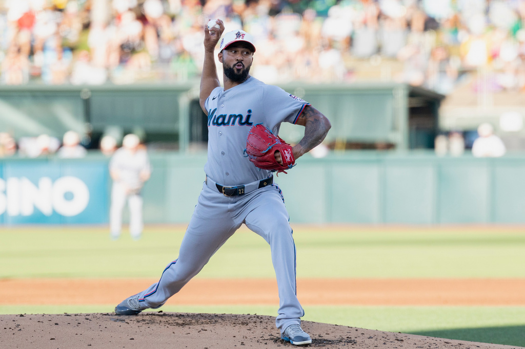 Miami Marlins pitcher Sandy Alcantara throws to the Athletics during the first inning of a baseball game Saturday, July 4, 2026, in West Sacramento, Calif. (AP Photo/Sara Nevis)