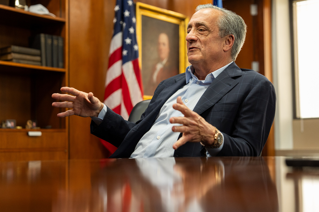 Postmaster General David Steiner speaks during an interview with The Associated Press at the United States Postal Service headquarters, Thursday, Sept. 17, 2026, in Washington. (AP Photo/Mark Schiefelbein)