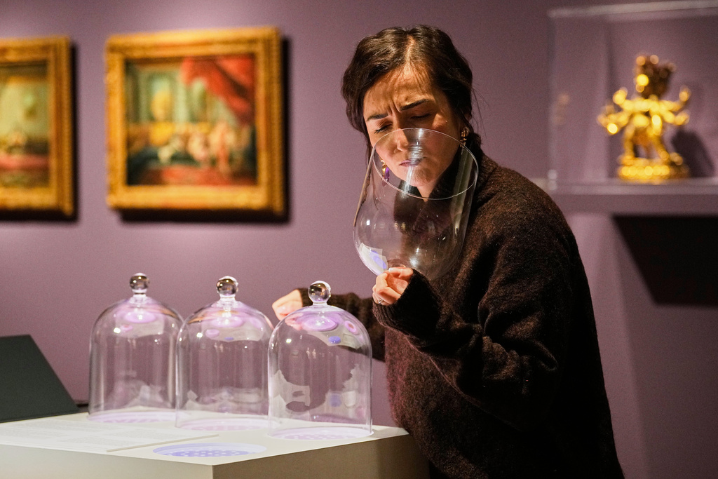 A woman smells samples during the exhibition "The Secret Power of Scents", showing the history of scent from antiquity to the present as a sensory experience at the Kunstpalast art museum in Duesseldorf, Germany, Tuesday, Oct. 28, 2025. (AP Photo/Martin Meissner)