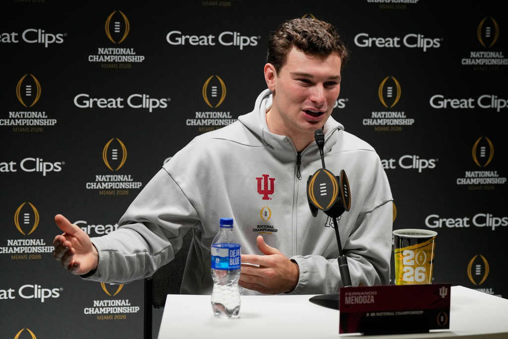 Indiana quarterback Fernando Mendoza speaks during media day ahead of the College Football Playoff national championship game between Miami and Indiana, Saturday, Jan. 17, 2026, in Miami. The game will be played on Monday. (AP Photo/Chris Carlson)