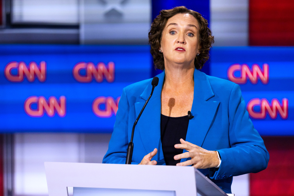 Katie Porter participates in a California gubernatorial debate hosted by CNN at East Los Angeles College in Monterey Park, Calif. Tuesday, May 5, 2026. (AP Photo/Ethan Swope)