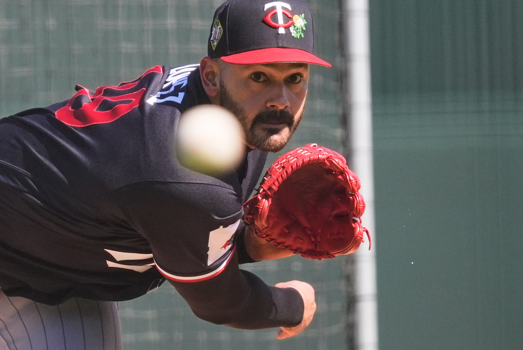 Minnesota Twins pitcher Pablo Lopez throws during a spring training baseball workout in Fort Myers, Fla., Monday, Feb. 16, 2026. (AP Photo/Gerald Herbert)
