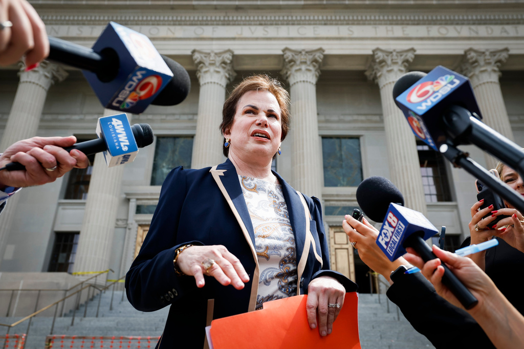 Special prosecutor Laurie White announces the indictment of Louisiana Attorney General Liz Murrill outside the Orleans Criminal District Court building in New Orleans, Thursday, July 2, 2026. (Sophia Germer/The Times-Picayune/The New Orleans Advocate via AP)