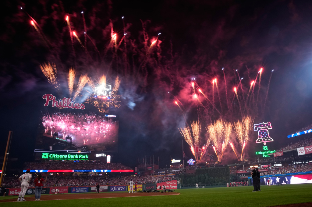 Fireworks explode during the MLB baseball All-Star Game between the American League and National League, Tuesday, July 14, 2026, in Philadelphia. (AP Photo/Matt Slocum)
