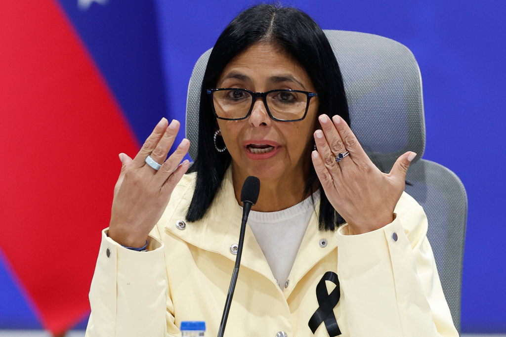FILE - Venezuela's acting President Delcy Rodríguez speaks during a press conference in Caracas, Venezuela, on July 2, 2026. (AP Photo/Pedro Mattey, File)