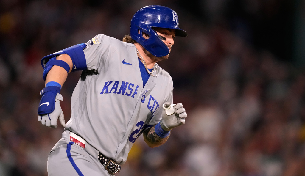 Kansas City Royals' Carter Jensen dashes down the first base line on his RBI double during the third inning of a baseball game against the Boston Red Sox, Friday, Sept. 11, 2026, in Boston. (AP Photo/Charles Krupa)