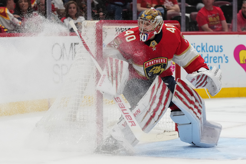 Florida Panthers goaltender Daniil Tarasov (40) defends the goal during the first period of an NHL hockey game against the Ottawa Senators, Tuesday, March 31, 2026, in Sunrise, Fla. (AP Photo/Lynne Sladky)