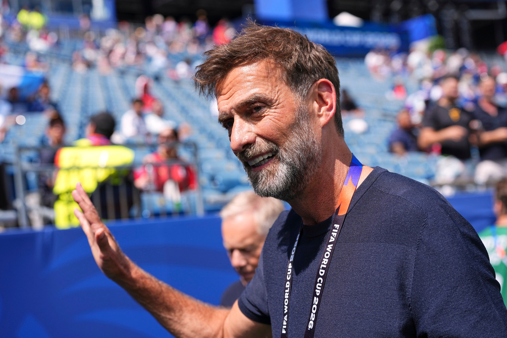 Jürgen Klopp, who is expected to become the new head coach of the Germany national soccer team, is seen on the pitch prior to the World Cup quarterfinal soccer match between France and Morocco in Foxborough, Mass., near Boston, Thursday, July 9, 2026. (AP Photo/Martin Meissner)
