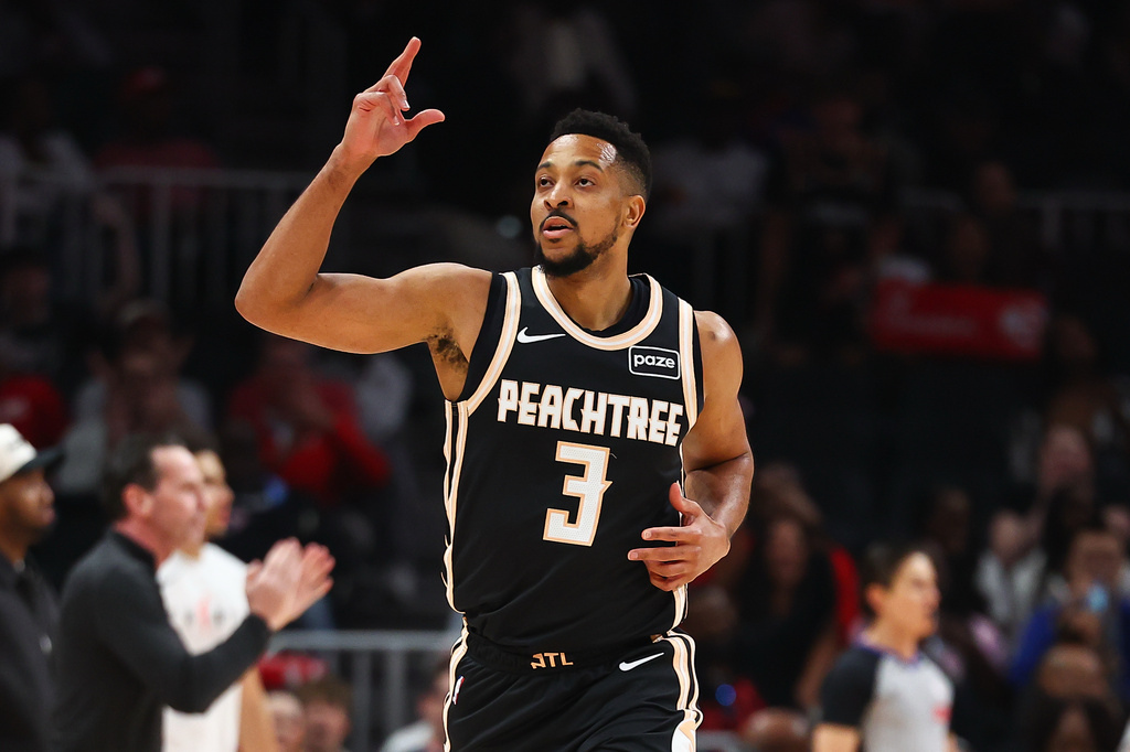 Atlanta Hawks guard CJ McCollum (3) reacts during the first half of an NBA basketball game against the Cleveland Cavaliers, Friday, April 10, 2026, in Atlanta. (AP Photo/Colin Hubbard)
