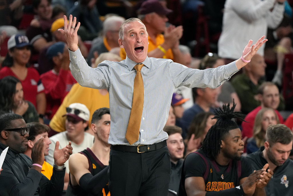 Arizona State head coach Bobby Hurley reacts after a foul call during the first half of an NCAA college basketball game against Arizona, Saturday, Jan. 31, 2026, in Tempe, Ariz. (AP Photo/Rick Scuteri)