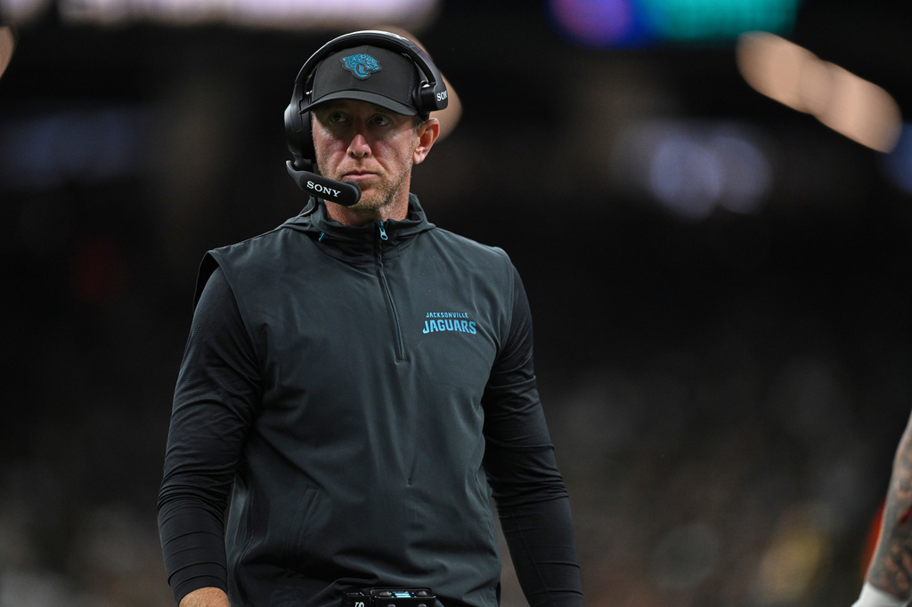 Jacksonville Jaguars head coach Liam Coen watches from the sidelines during the first half of an NFL preseason football game against the New Orleans Saints Saturday, Aug. 15, 2026, in New Orleans. (AP Photo/Ella Hall)