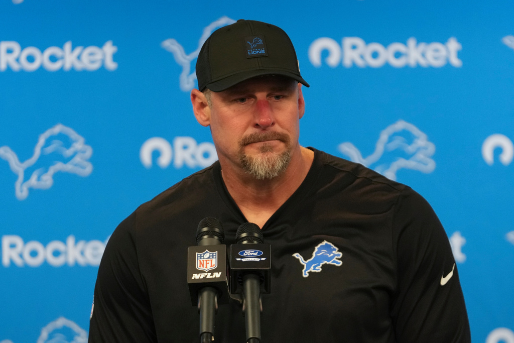 Detroit Lions head coach Dan Campbell speaks during a press conference following an NFL football game against the Green Bay Packers in Detroit, Thursday, Nov. 27, 2025. (AP Photo/Paul Sancya)