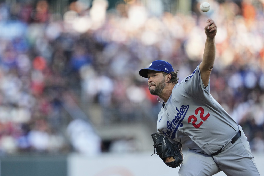Los Angeles Dodgers' Clayton Kershaw pitches to a San Francisco Giants batter during the first inning of a baseball game Saturday, Sept. 13, 2025, in San Francisco. (AP Photo/Godofredo A. Vásquez)