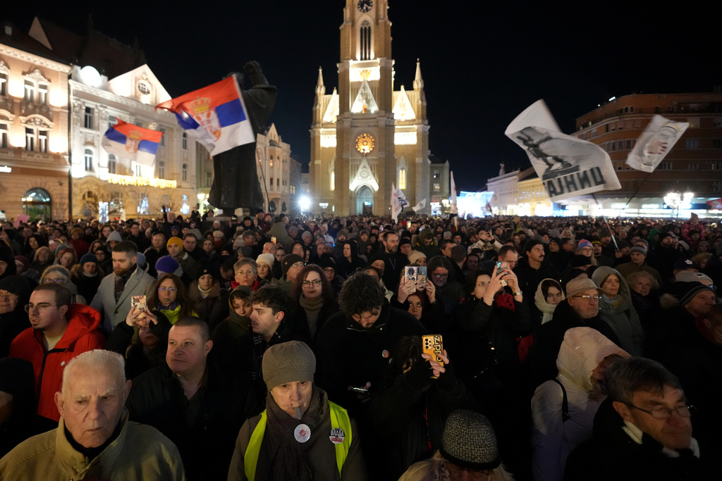 People attend a protest, led by university students, against corruption, in Novi Sad, Serbia, Saturday, Jan. 17, 2026. (AP Photo/Darko Vojinovic)