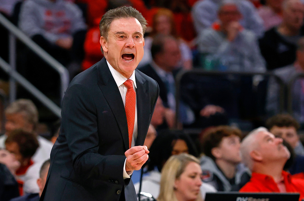 FILE - St. John's head coach Rick Pitino reacts during the first half of an NCAA college basketball game against Creighton, Sunday, Feb. 16, 2025, in New York. (AP Photo/Noah K. Murray, File)