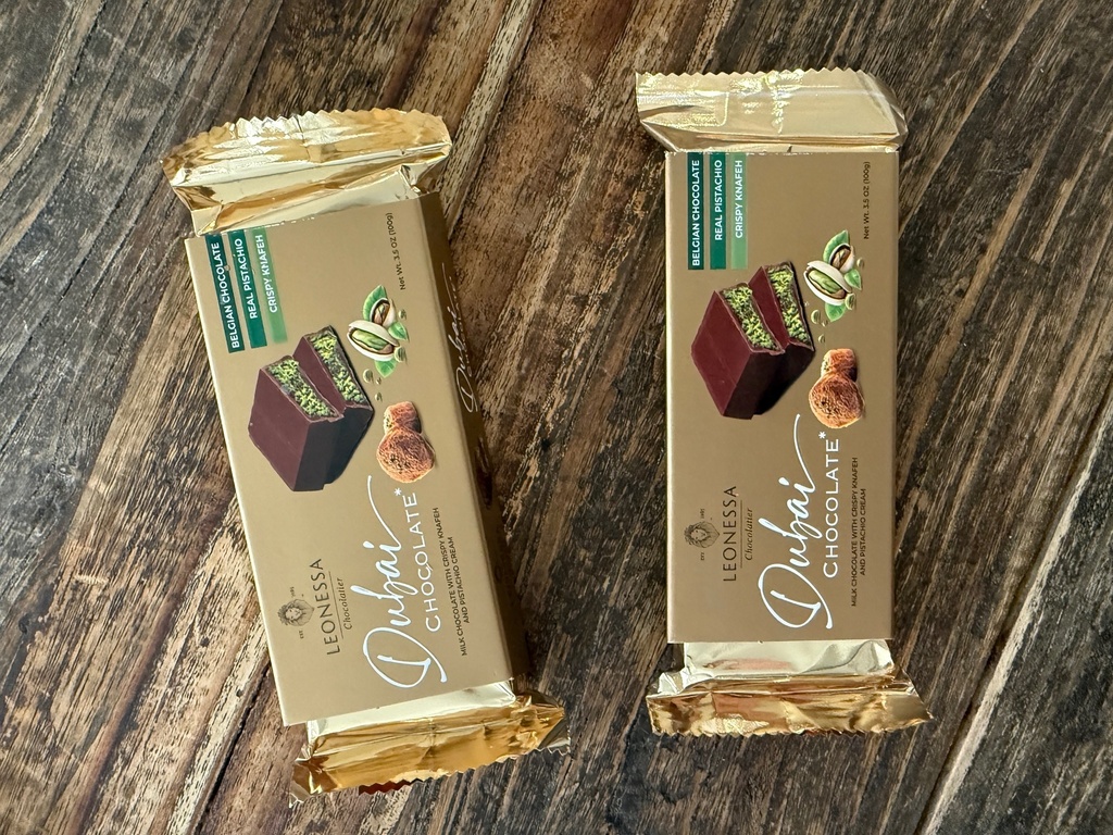 Leonessa Dubai chocolate bars are displayed in New York. (Katie Workman via AP)