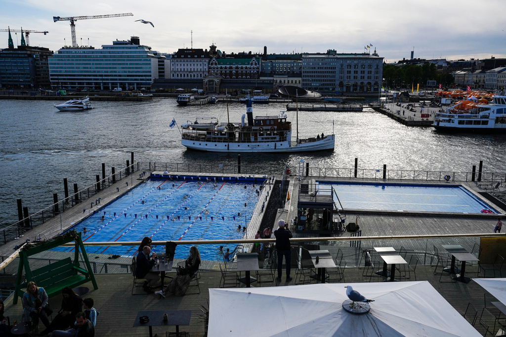 FILE - Outdoor swimming pools are seen in a harbor of Helsinki, May 29, 2023. (AP Photo/Pavel Golovkin, File)