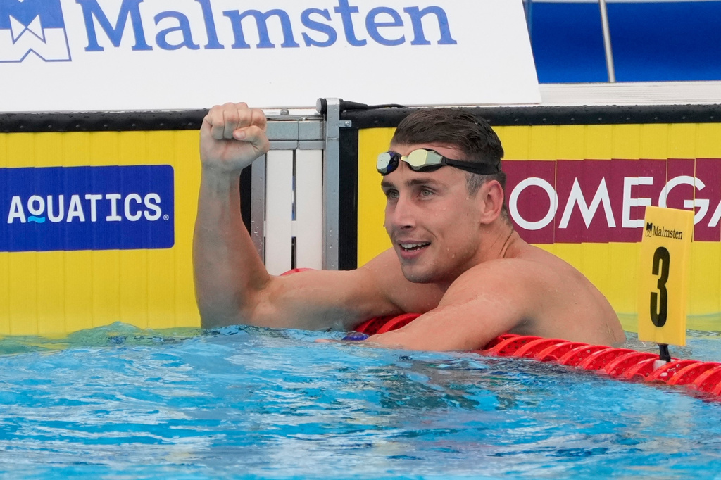 FILE - Greece's Kristian Gkolomeev celebrates after winning Men's 50m Freestyle Final at the European Aquatics Championships in Belgrade, Serbia, June 23, 2024. (AP Photo/Darko Bandic, File)