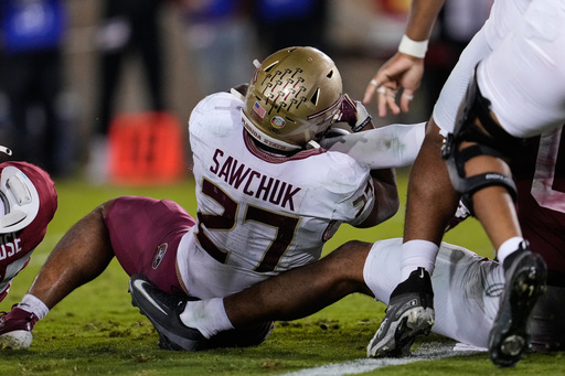 Florida State running back Gavin Sawchuk (27) is stopped short of the end zone by Stanford linebacker Jahsiah Galvan (0) to end an NCAA college football game, Saturday, Oct. 18, 2025, in Stanford, Calif. (AP Photo/Godofredo A. Vásquez) Florida State running back Gavin Sawchuk (27) is stopped short of the end zone by Stanford linebacker Jahsiah Galvan (0) to end an NCAA college football game, Saturday, Oct. 18, 2025, in Stanford, Calif. (AP Photo/Godofredo A. Vásquez)
